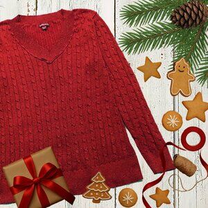 Sparkly Ruby Red V-Neck Pullover Sweater Size Large Holiday Christmas Party